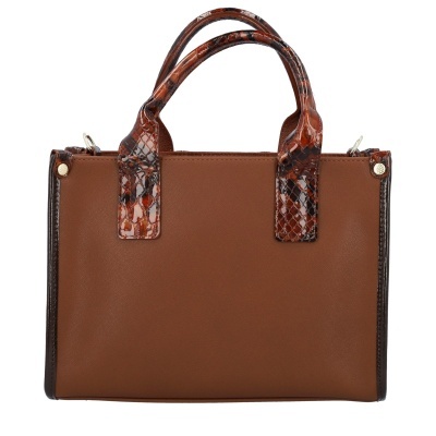 Mala de mão castanha com padrão pele de cobra nas alças