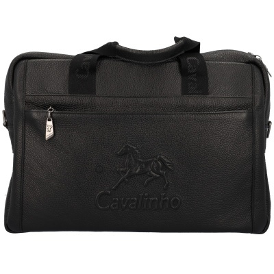 Mala de viagem preta em couro com alças e logótipo Cavalinho