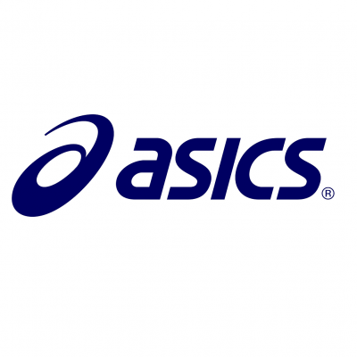 Logótipo da marca ASICS em azul escuro.
