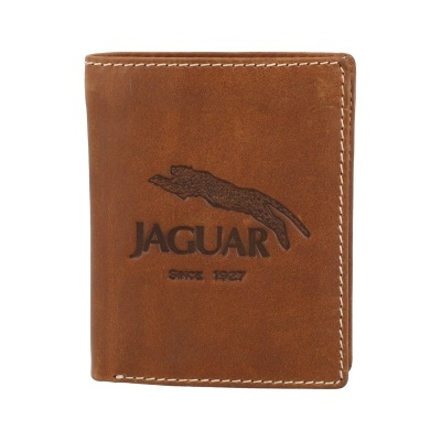 Carteira de couro castanho com logótipo Jaguar em relevo e costura branca
