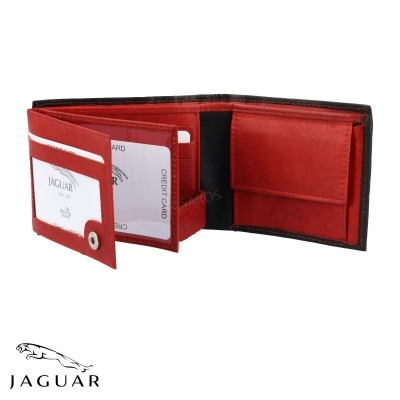 Carteira de couro preta e vermelha com compartimentos para cartões e notas