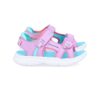 Sandálias infantis rosa e azul com tiras de velcro e solado branco