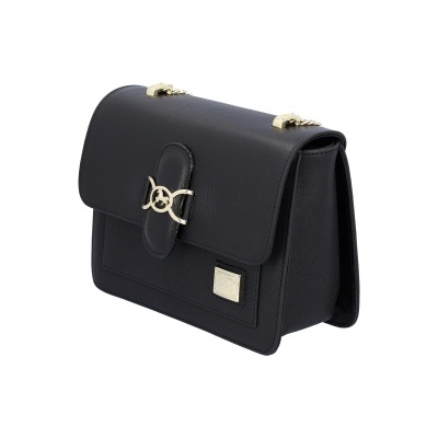 Mala de senhora preta em pele com fecho dourado e placa metálica