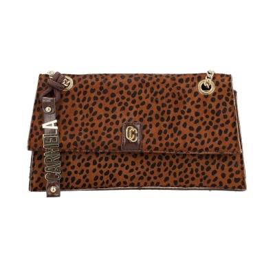 Mala castanha com padrão animal print e alça dourada