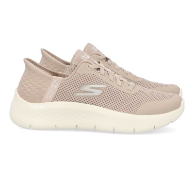 Ténis bege claro de malha com sola branca e detalhes de texto Skechers