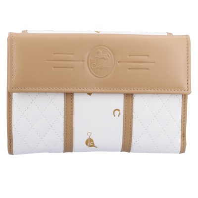 Carteira branca e bege com fecho de aba e logótipo Cavalinho