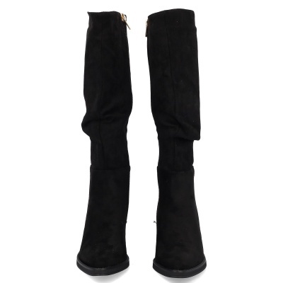 Botas altas pretas em camurça sintética com fecho dourado
