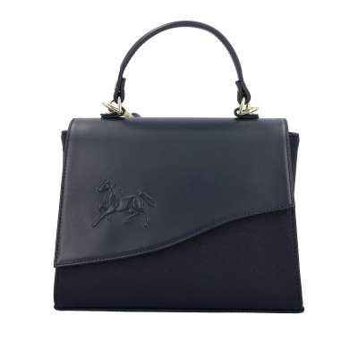 Mala azul escuro com cavalo em relevo na aba e asa curta