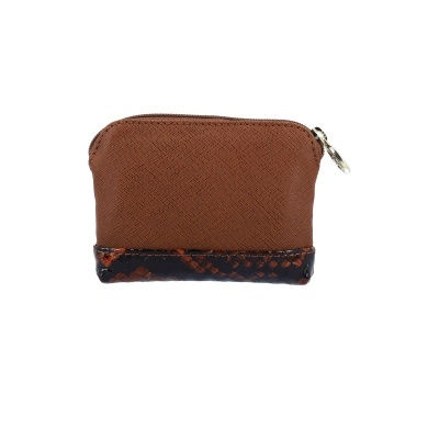 Carteira castanha com base padrão pele de cobra e fecho de correr prateado