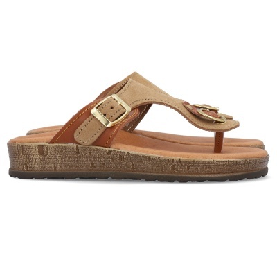 Sandália castanha com fivela dourada e sola texturada