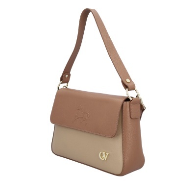 Mala castanha e bege com textura granulada e detalhes dourados