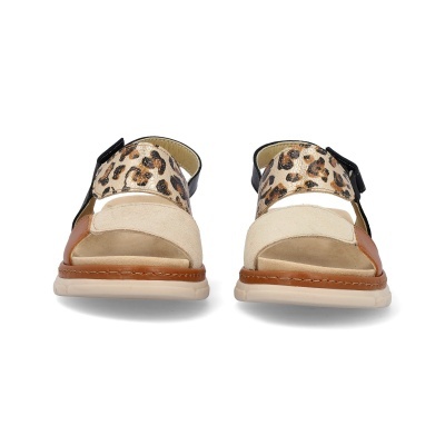 Par de sandálias com detalhes em camurça bege e padrão animal print.