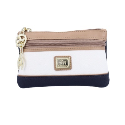 Bolsa pequena tri-color com fecho de correr e placa metálica com logo