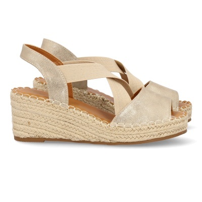 Sandálias de cunha bege com tiras elásticas e sola rattan