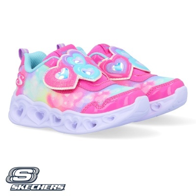 Ténis infantis Skechers rosa e azul com corações e sola branca