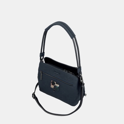 Mala de ombro azul escuro com várias alças e bolso exterior com fecho