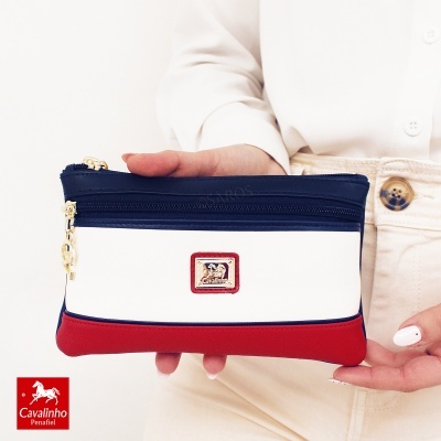 Carteira pequena Cavalinho azul, branco e vermelho com zipper dourado e logótipo