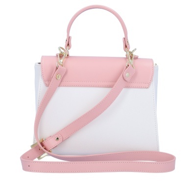 Mala de mão branca com detalhes rosa e alças de couro