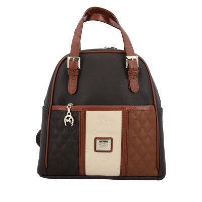 Mochila Cavalinho com detalhes castanhos e bege e pendente metálico de cavalo