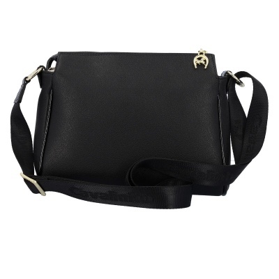 Mala de senhora preta em pele com alça larga e fecho dourado