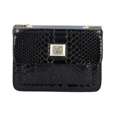 Mala pequena preta com padrão pele de cobra e placa Cavalinho