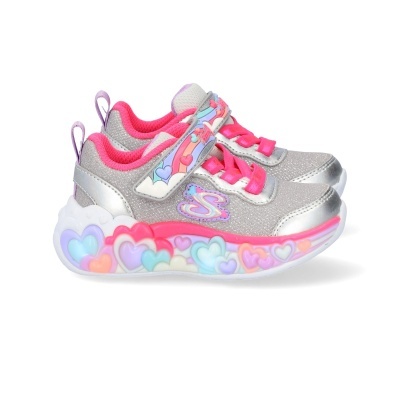 Sapatilhas infantis prateadas e rosas com corações na sola