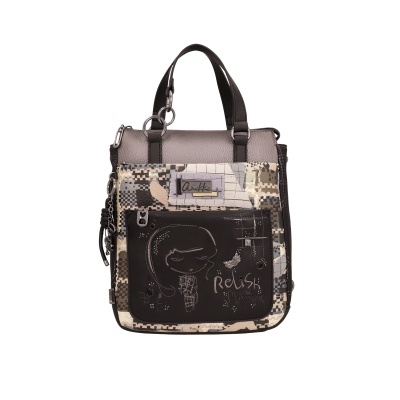 Mala de mão Anekke padrão pixelado com bolso frontal preto e desenho de menina