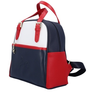Mochila azul, branca e vermelha com alças vermelhas e bolso frontal com fecho