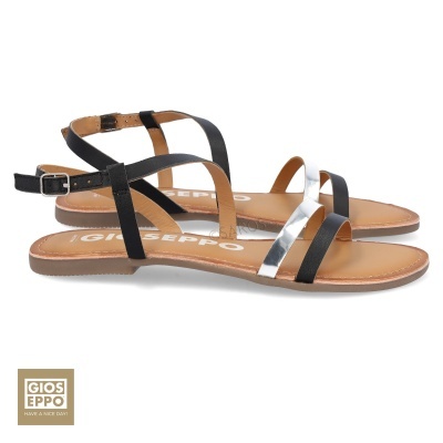 Sandálias planas GIOSEPPO com tiras pretas e prateadas, sola castanha clara