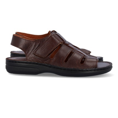 Sandálias castanhas em pele com sola preta e fecho de velcro