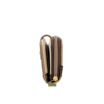 Carteira compacta castanha e bege com fecho dourado e etiqueta Anekke