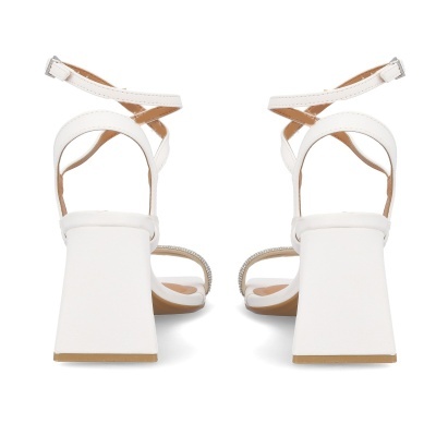 Sandálias de salto bloco branco com tiras e pedras brilhantes