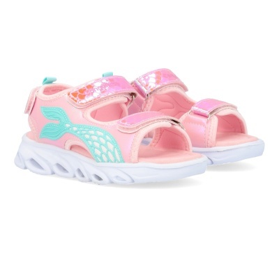 Sandálias de criança rosa com detalhes azuis e sola branca