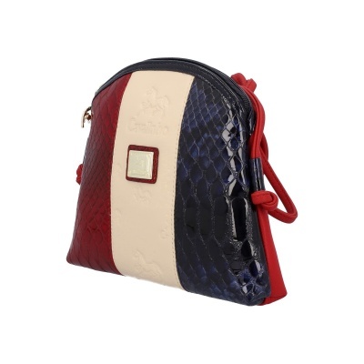 Mala pequena de mão tricolor com textura imitação pele de réptil e placa dourada.
