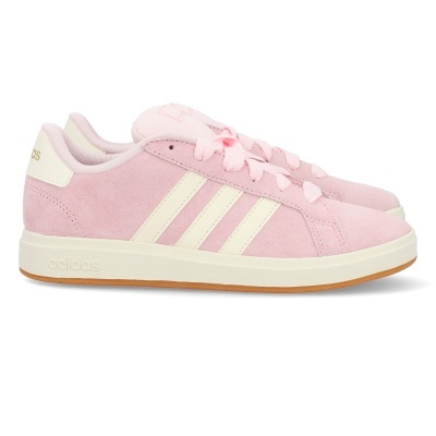 Ténis Adidas rosa com riscas brancas e sola bege