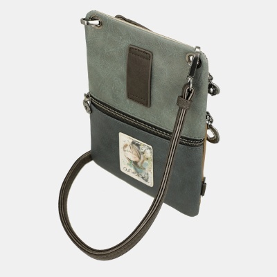 Mala pequena cinza e verde-azulado com alça castanha e fecho de correr