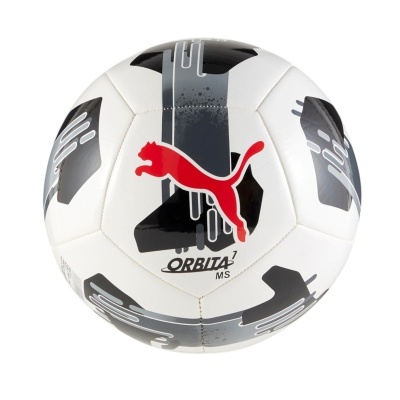 Bola de futebol branca com logótipo PUMA vermelho e detalhes em preto e cinzento