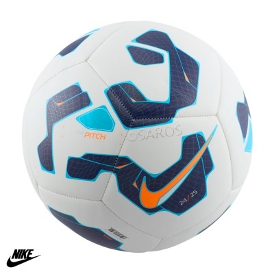 Bola de futebol Nike branca com padrões azuis e detalhes em laranja