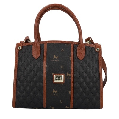 Mala de mão preta e castanha com padrão de cavalos e ferraduras