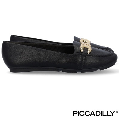 Sapatos mocassim pretos com detalhe dourado