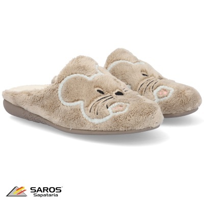 Chinelos de quarto de pêlo bege com desenho de rato bordado