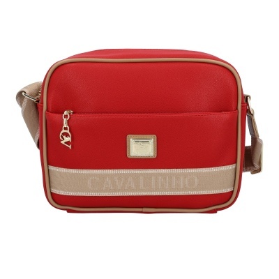Mala de ombro vermelha com detalhes em bege e texto CAVALINHO