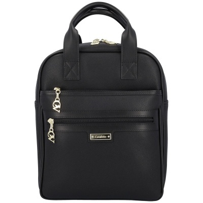 Mochila preta de material sintético com fechos dourados e logótipo Cavalinho