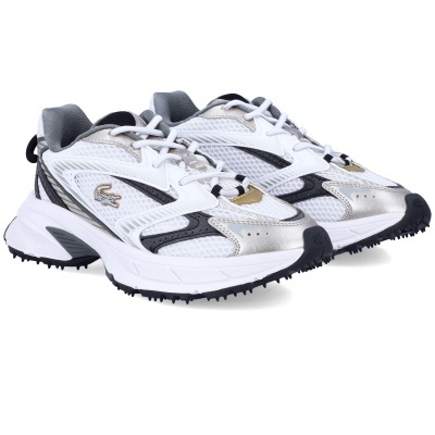 Ténis desportivos brancos com detalhes a preto, prateado e dourado