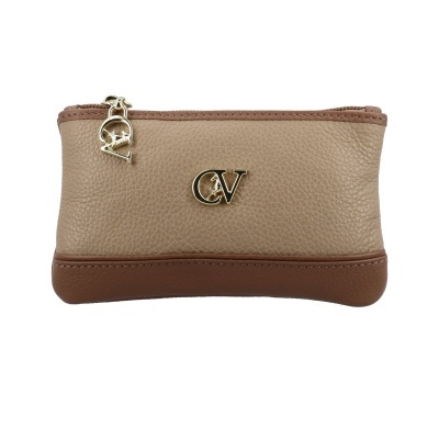 Carteira em pele castanha com logótipo CV dourado