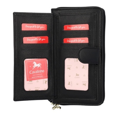 Carteira preta de couro com etiquetas cor-de-rosa Cavalinho