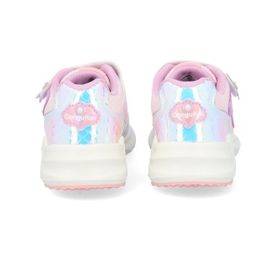 Ténis infantis holográficos com sola branca e rosa e logótipo Conguitos