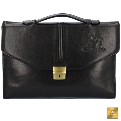 Mala de mão preta em couro com fecho dourado e logotipo Cavallino.