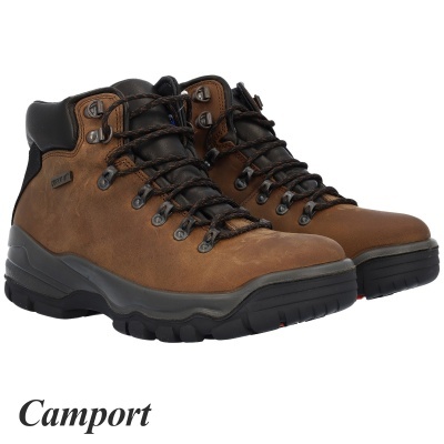 botas de caminhada castanhas em couro com sola preta e cadarços pretos