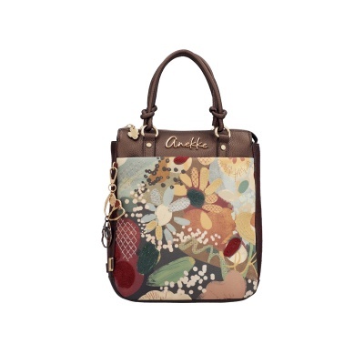 Mala de mão Anekke castanha com padrão floral colorido